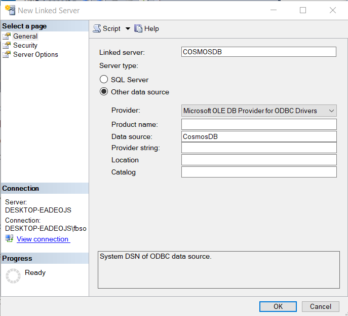 Fill in the SQL Server New Linked Server window.