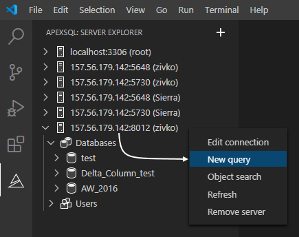 New query option in connection explorer