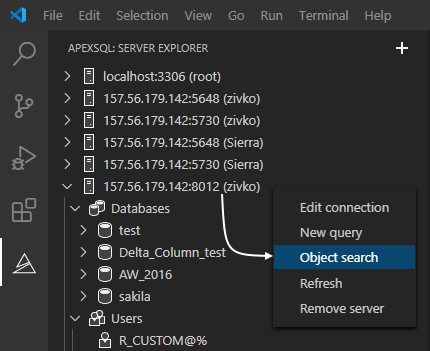 Object search option in connection explorer from VS Code extension