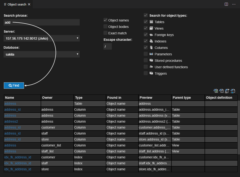 Object search tab in VS Code extension