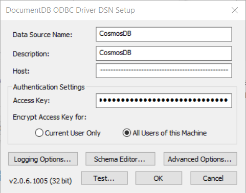 Place the correct values in the ODBC Driver DSN Setup window.