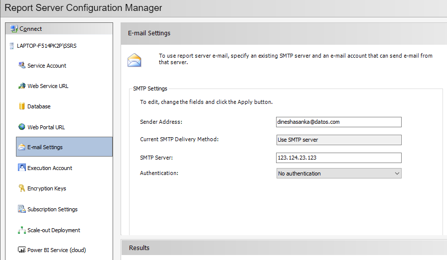 Settings in Report Service Configuration Manager
