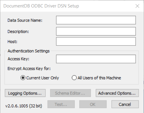 Use the Setup window to build the ODBC connection to the Cosmos DB.