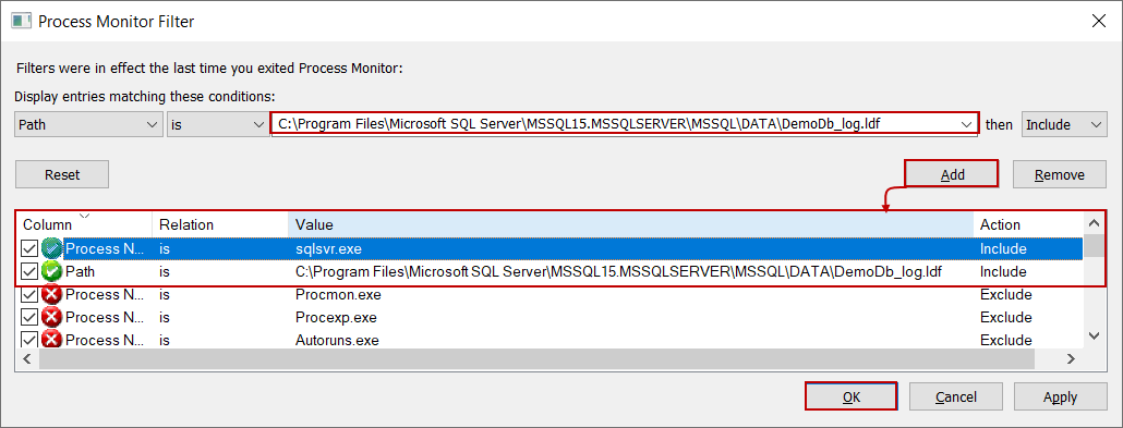 Adding an SQL Server transaction log file filter to Process Monitor
