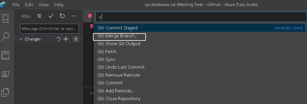 Azure Data Studio command palette