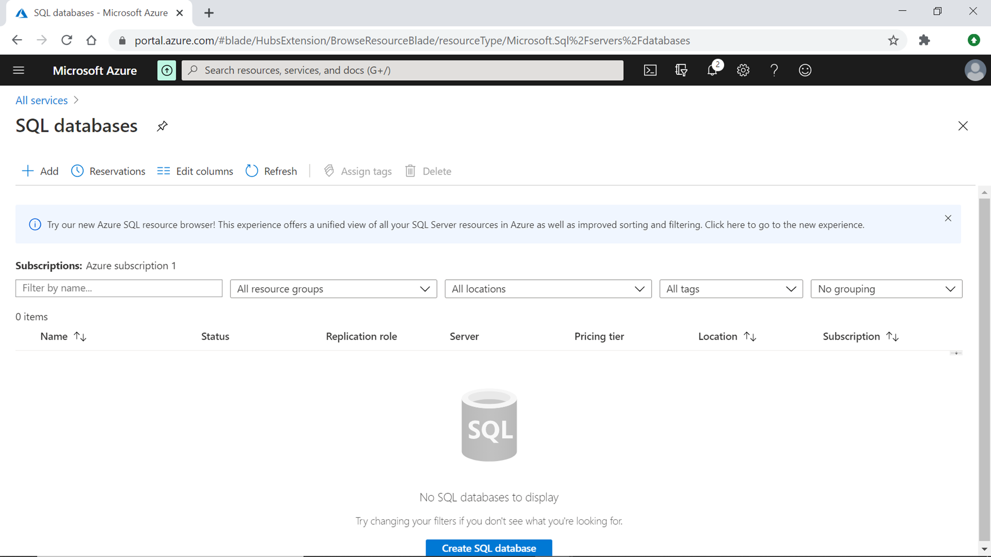 Azure SQL Server Database - Create New Database