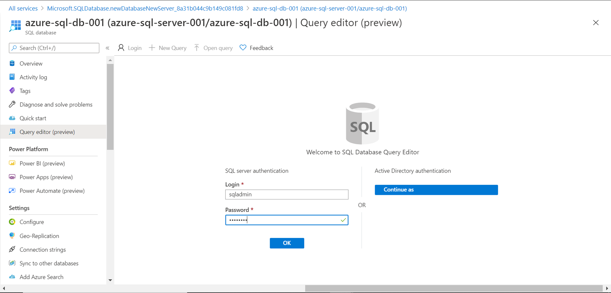 Azure SQL Server Database - Query Editor