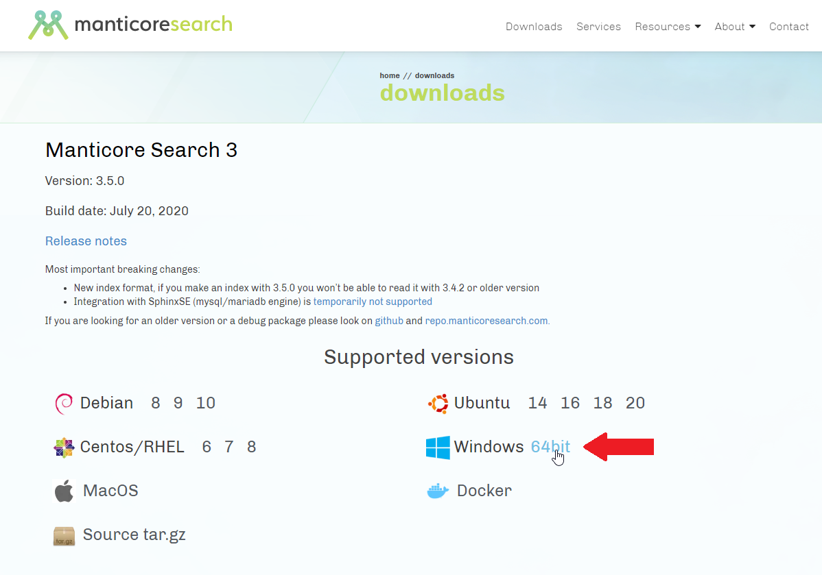 Download Manticore search for Windows 64-bit