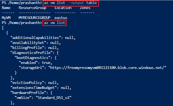 Get the VM list using Azure CLI commands