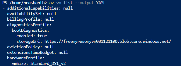 Get the VM list with YAML output using Azure CLI commands 