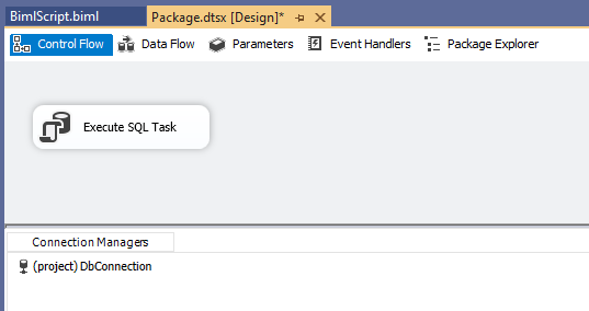 Generated SSIS package where the Execute SQL task is used for build database defined in the Biml metadata.