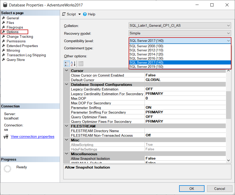 Changing a database compatibility level to SQL Server 2019