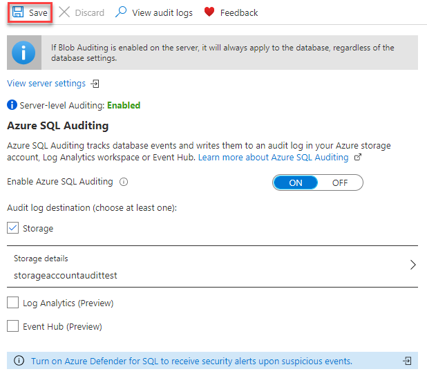 Database auditing configuration page in Azure portal