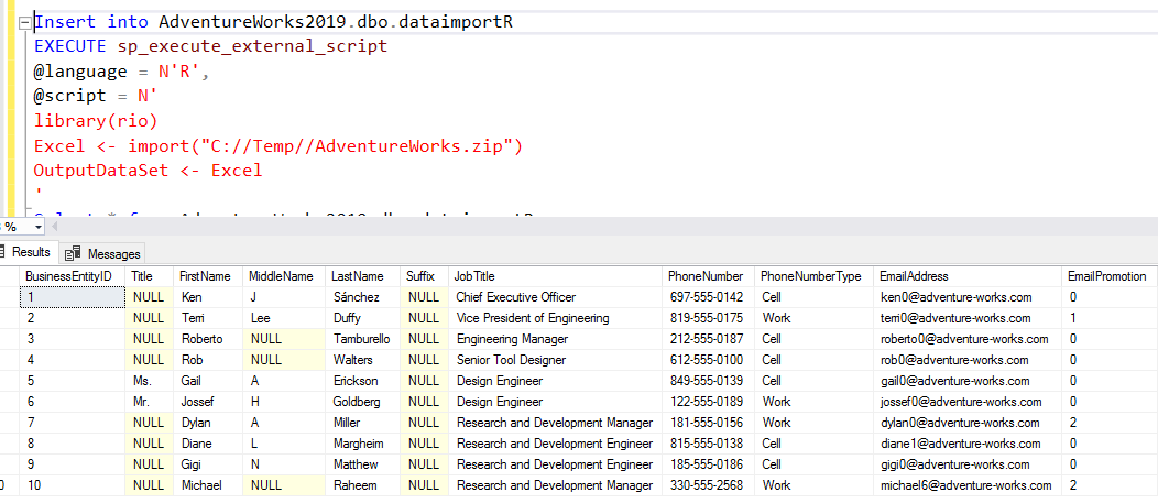 Import data from a CSV to SQL Server tables using R and SQL Server