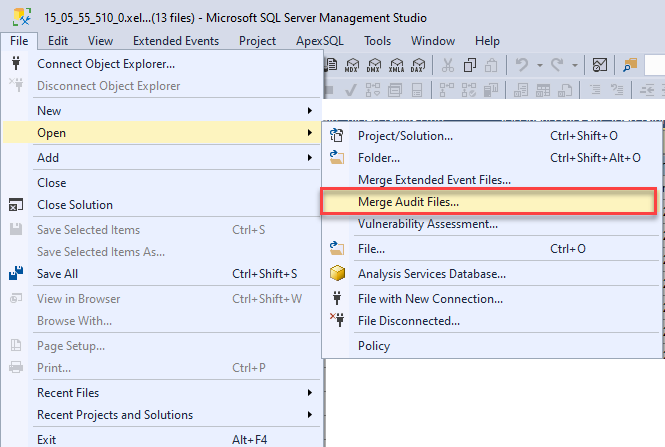 Merge audit files option in SQL Server Management studio