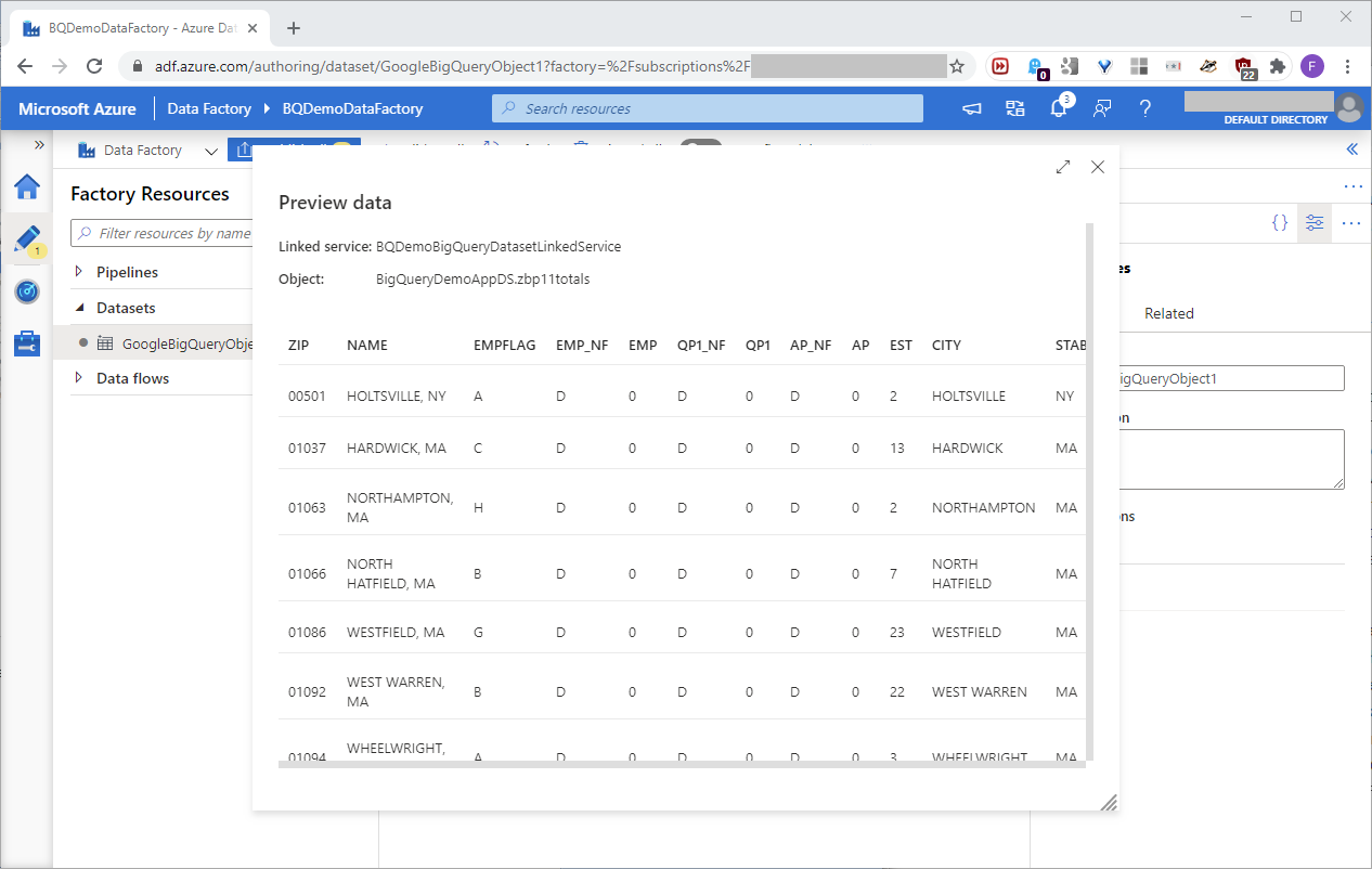 Preview the BigQuery dataset data.