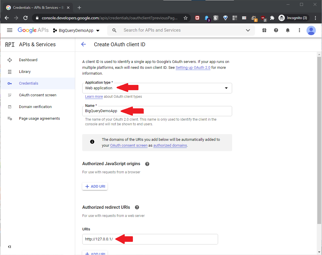 Set up details for the OAuth client ID.