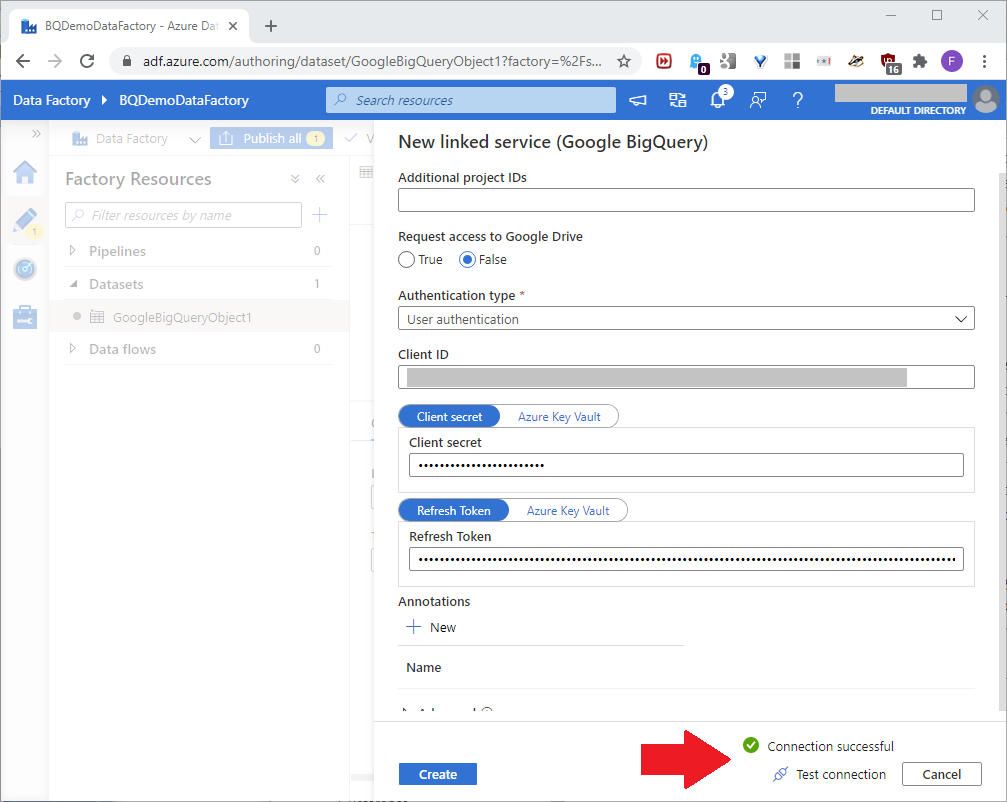 Test the BigQuery resource linked service.