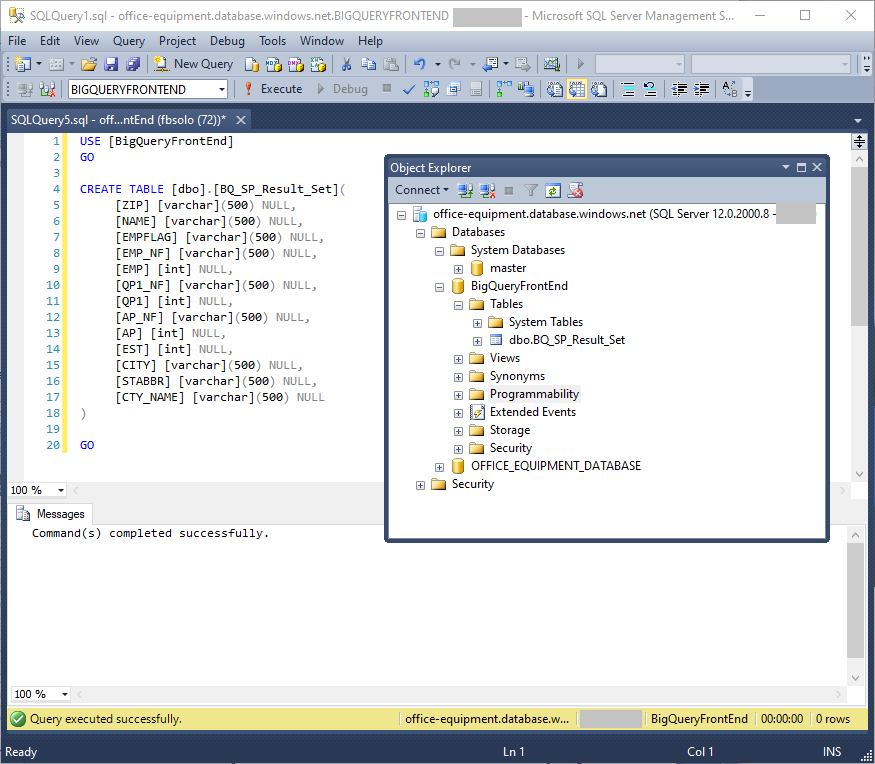The BQ_SP_Result_Set table creation script in SQL Server Management Studio.