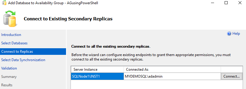 Add database to the availability group wizard 