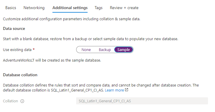 Additional Settings for Azure SQL Database.