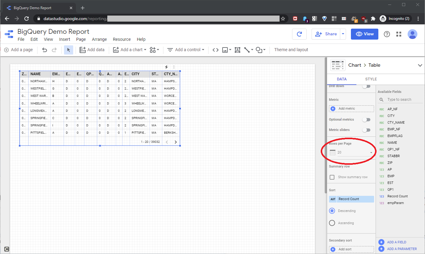 Adjust the count of rows from the data resource shown on each report page.