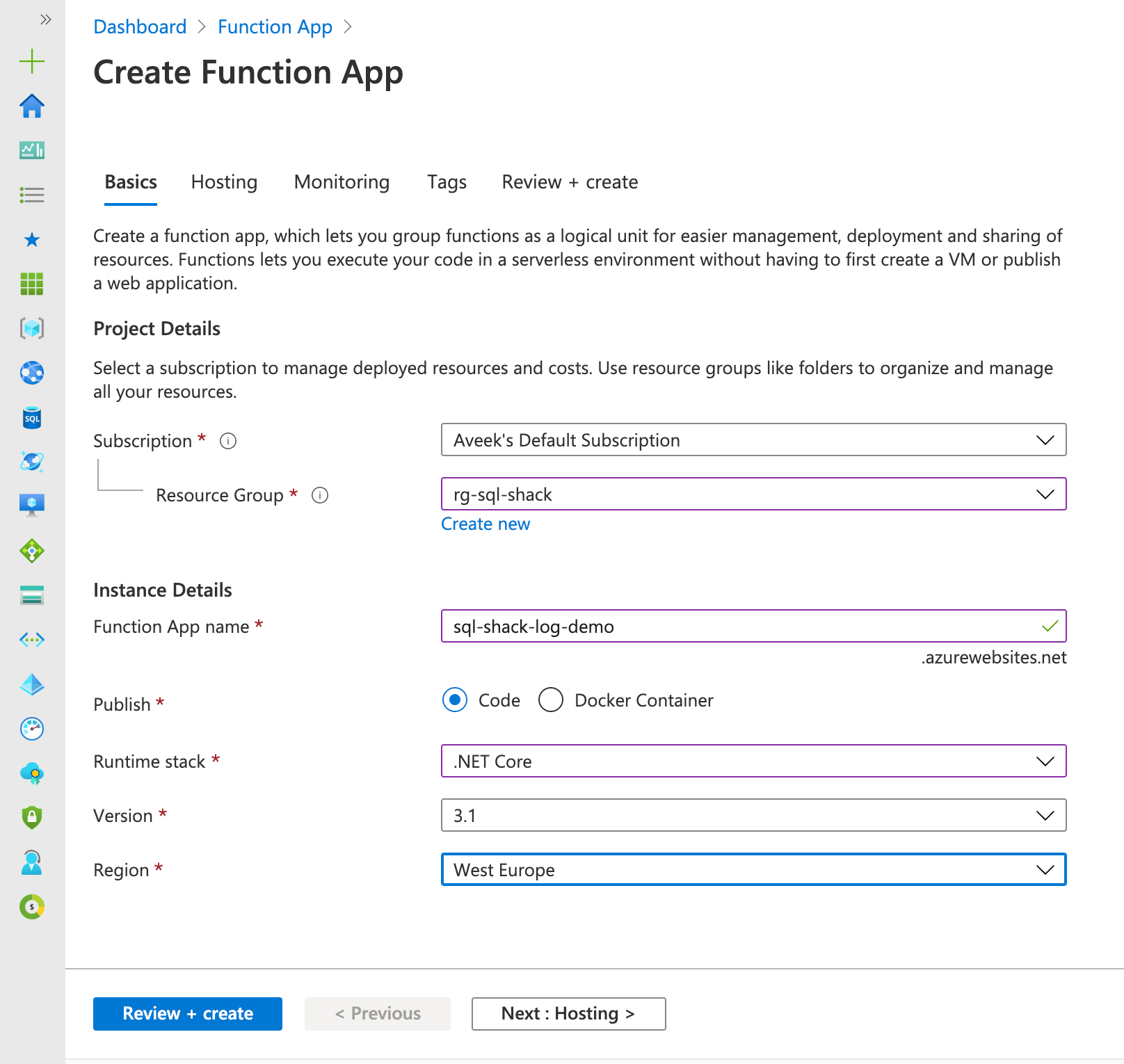 Create Azure Function App