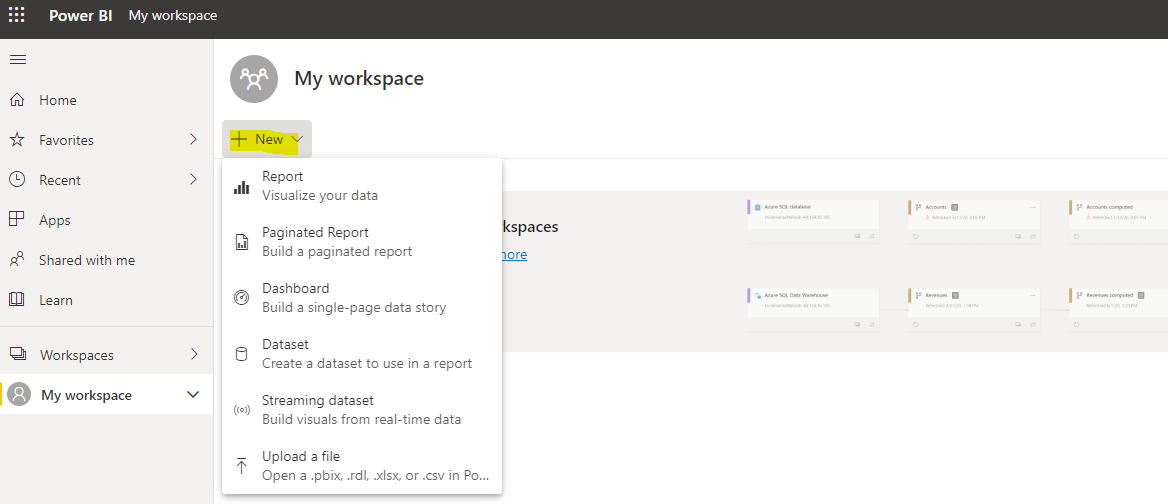 Creating a new report or dashboard in the dashboard