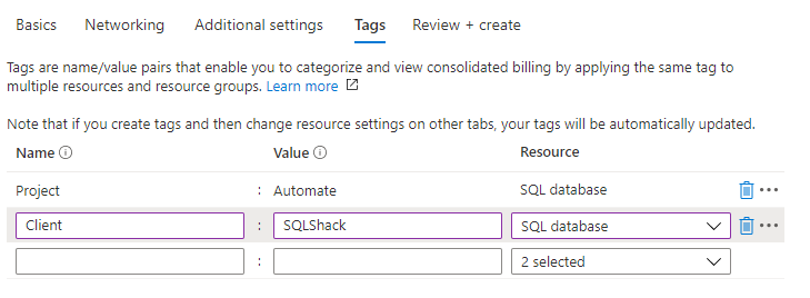 Creating Tags for the SQL Database.