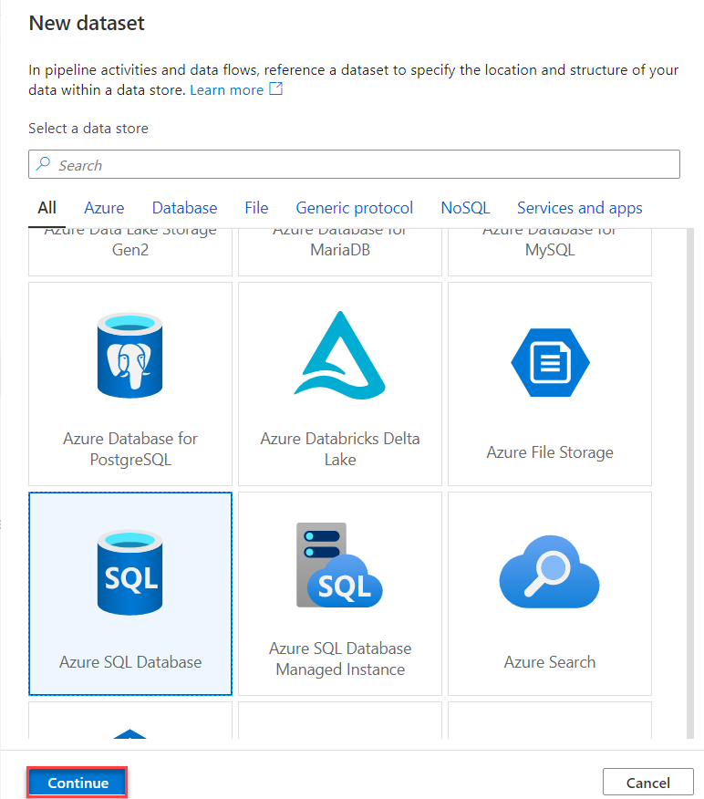 New Azure SQL DB dataset