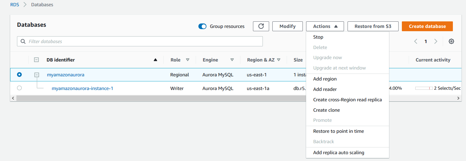 select the region cluster in the AWS console