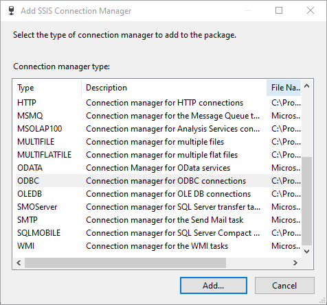 selecting ODBC connection manager