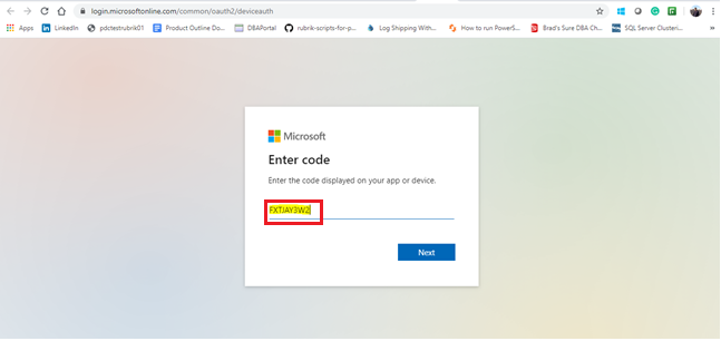 Type in the device code for Azure Automation