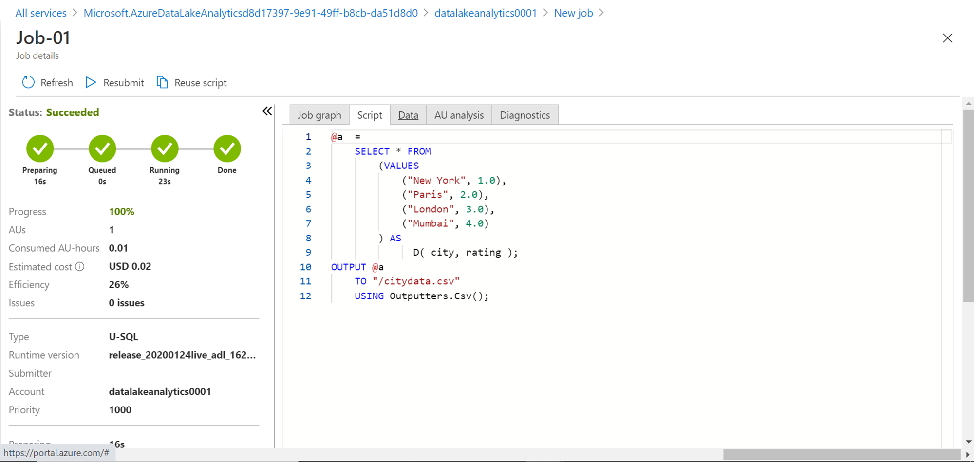 U-SQL Script Tab