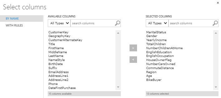 Choosing only required columns in Azure Machine Learning. 