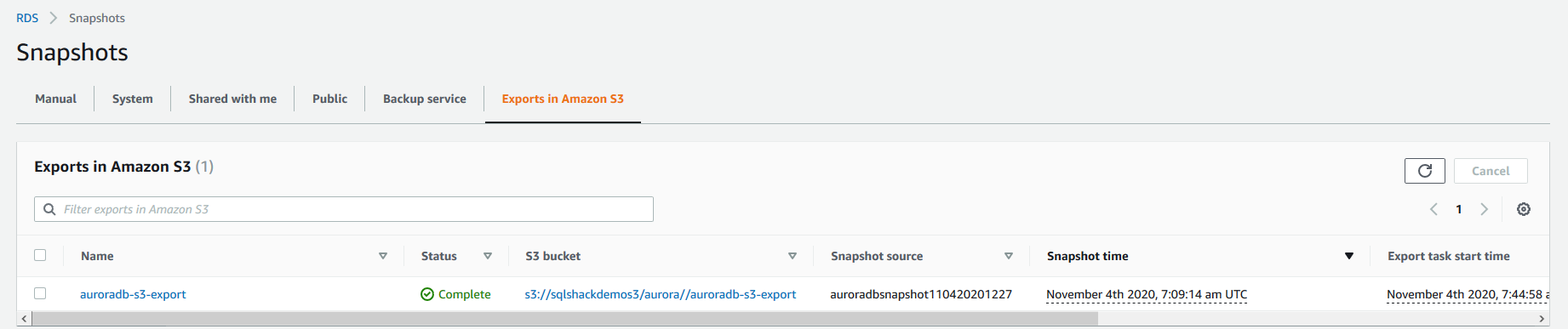 Completed snapshot to AWS S3 bucket