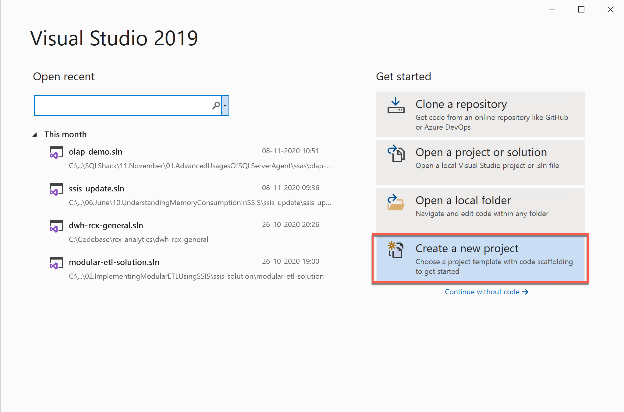 Creating a new project in Visual Studio
