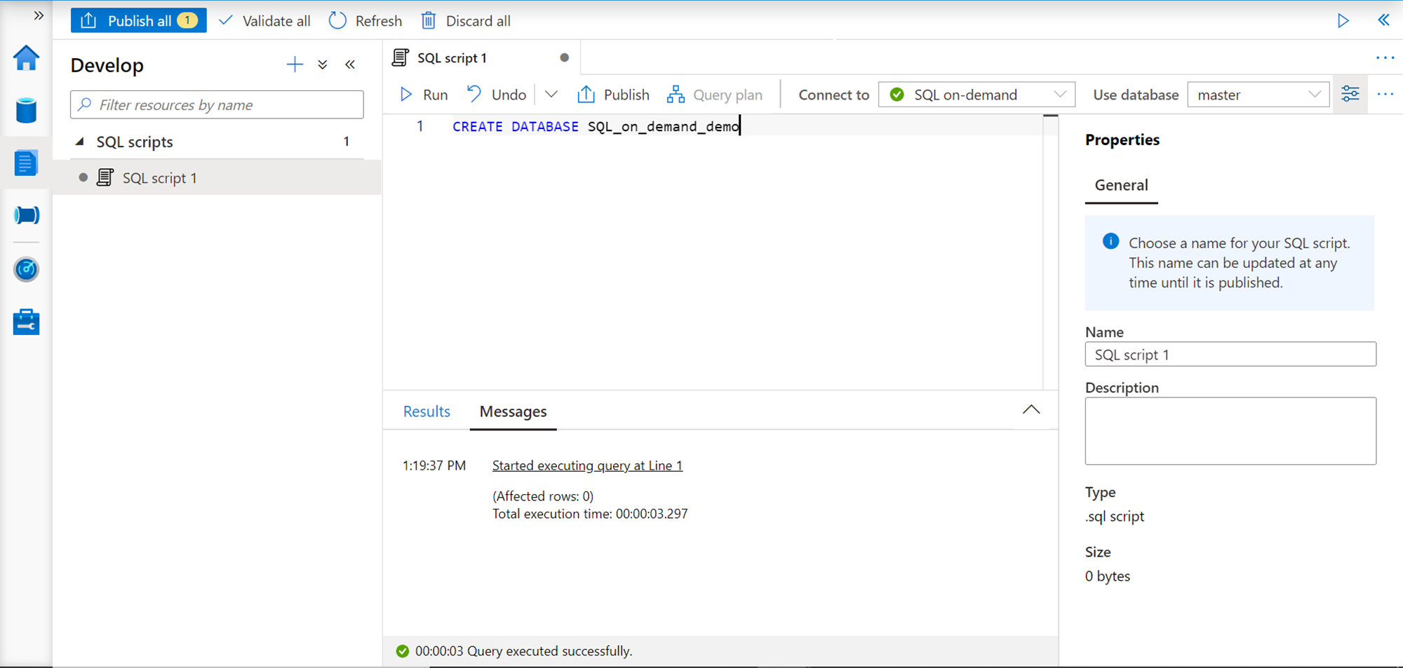 Creating new database with SQL On Demand pool in Azure Synapse Analytics