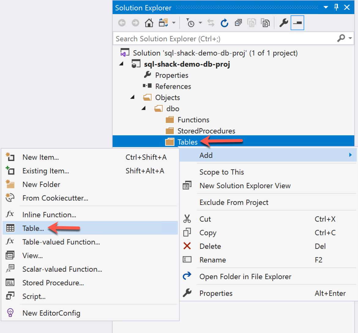 Creating tables in the data tier application