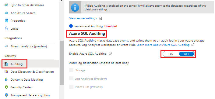 Database auditing: Azure sql auditing for Azure SQL Database