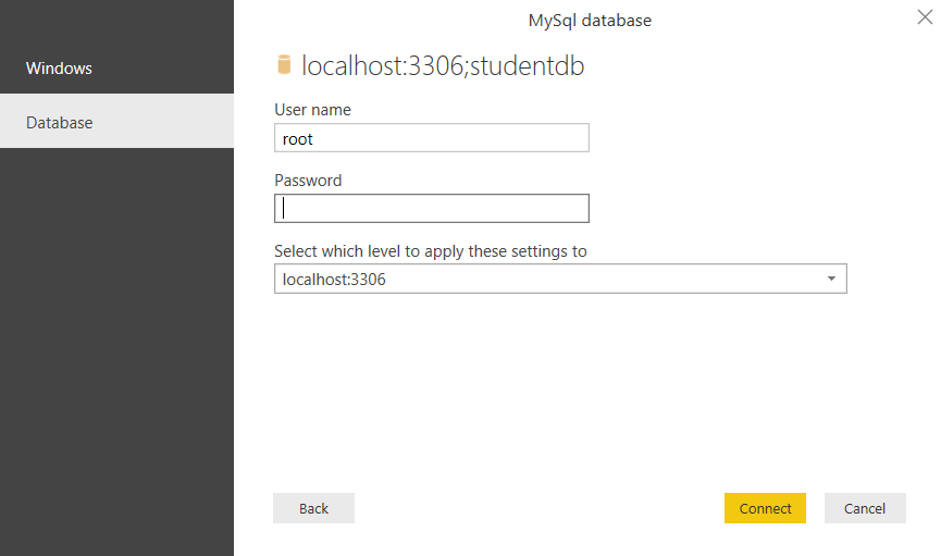 Inputting the credentials for the MySQL server being used.