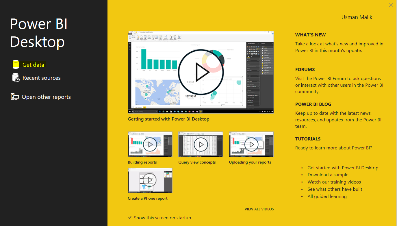 Power BI Desktop landing screen.