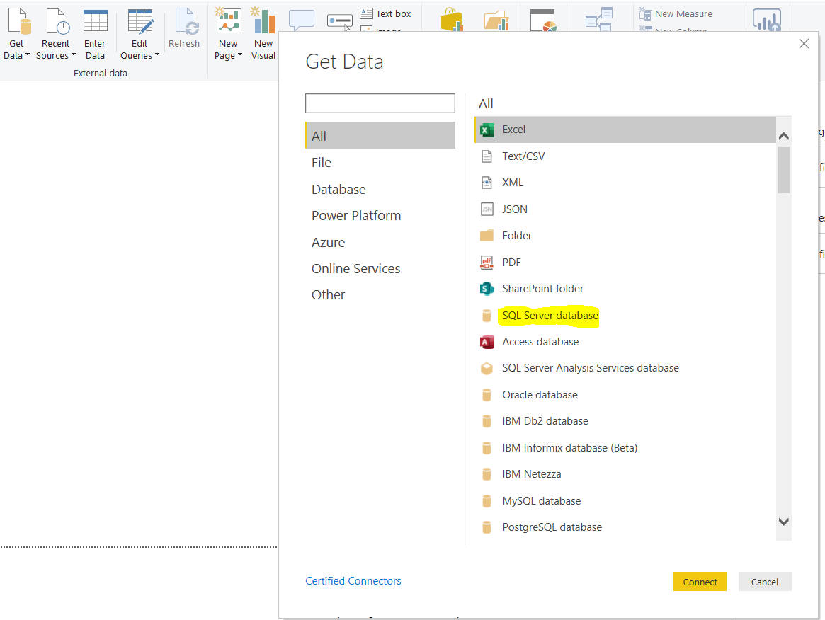 Selecting SQL Server database as the data course