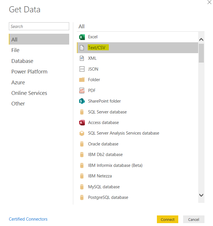 The Power BI Get data menu