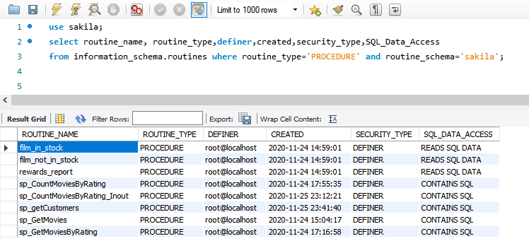 View MySQL Stored Procedure using query