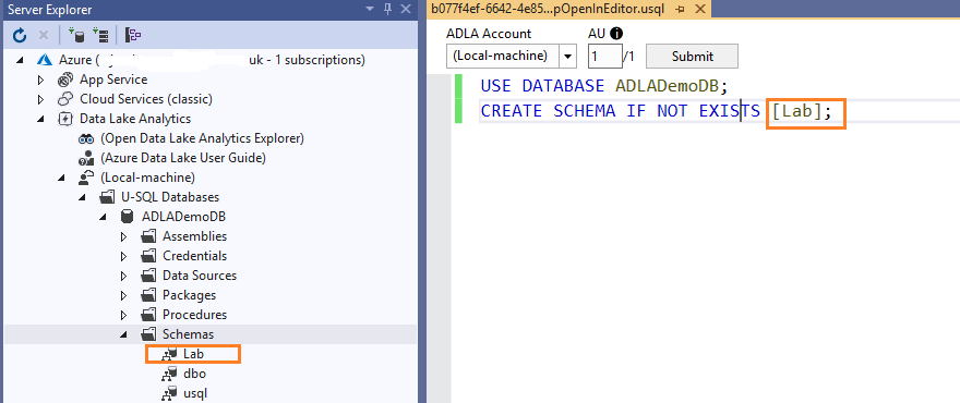 Azure Data Lake Analytics: Create a database schema 