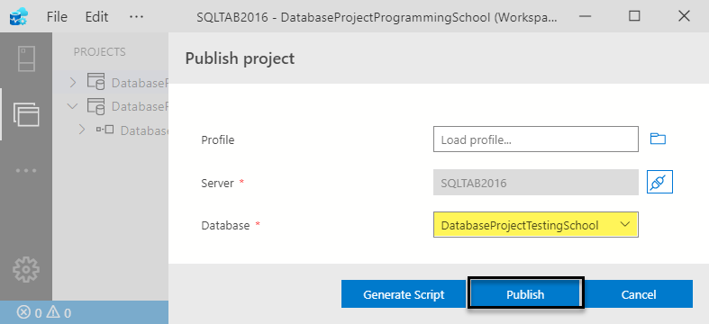 Deploying database project changes to the target database.