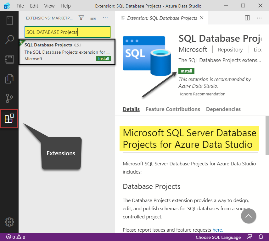 Installing SQL Database Projects Extension