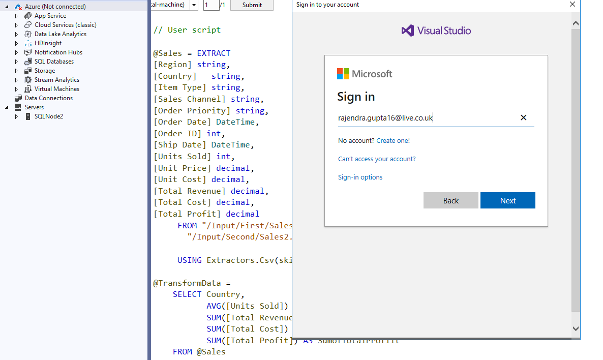 Visual Studio integration with the Azure