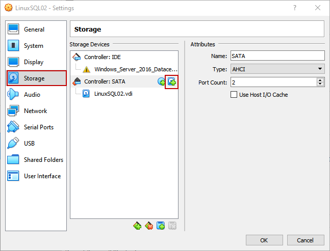 Add SATA virtual hard disk